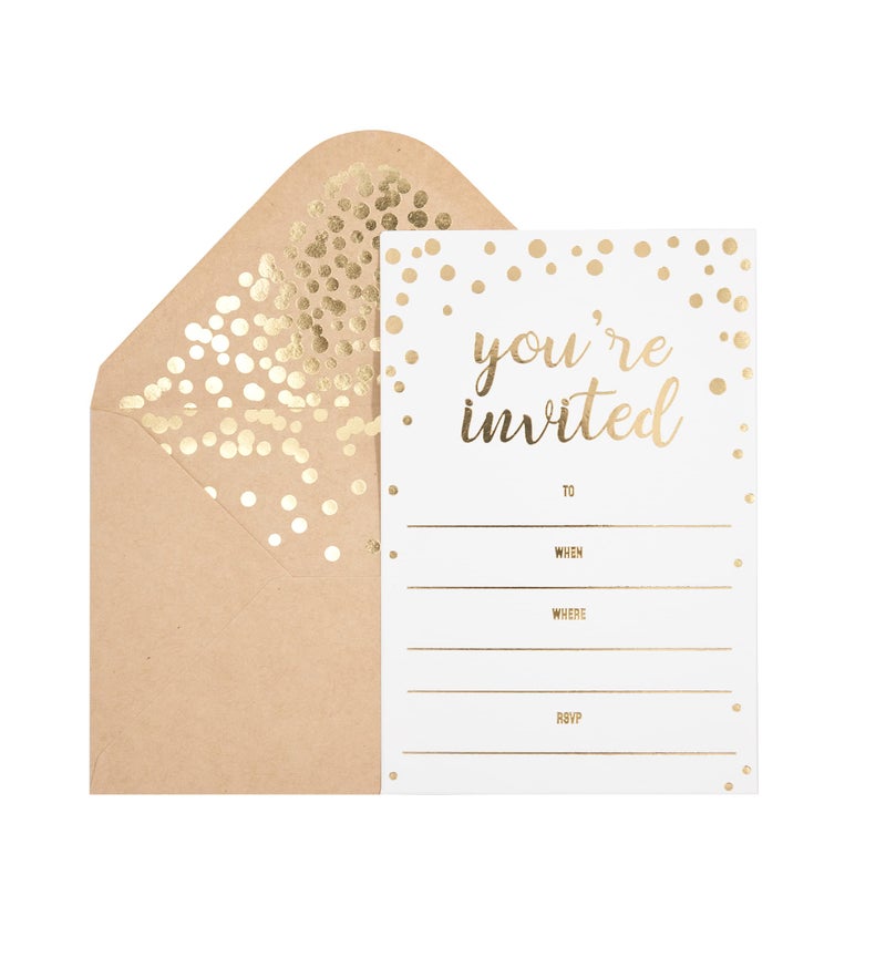 Partay Shenanigans 50 Pack Invitation Card - Elegant Greeting Cards â€˜â€™You are Invitedâ€™â€™ in Gold Foil Letters â€“ for Wedding, Bridal Shower, Baby Shower, Birthday Invitations - 52 Kraft Envelopes Included - 4" x 6" - Image 1